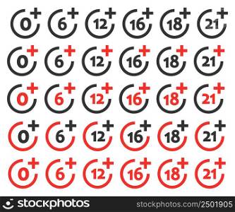 0, 6, 12, 18, 21 years icon. Age rectictions illustration symbol. Sign censorship vector.. Censored 0, 6, 12, 18, 21 years icon. Age rectictions illustration symbol. Sign censorship vector.