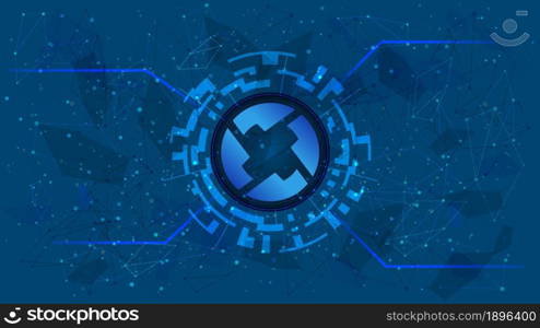 0x token symbol of the DeFi project in a digital circle with a cryptocurrency theme on a blue background. ZRX cryptocurrency icon. Decentralized finance programs. Copy space. Vector EPS10.