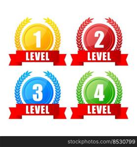1,2,3,4 level up sign. Game label, award, rating Level results Vector illustration. 1,2,3,4 level up sign. Game label, award, rating. Level results. Vector illustration.