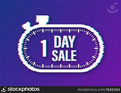 1 Day sale. Countdown timer. Clock icon. Glitch icon. Time icon. Count time sale. Vector stock illustration. 1 Day sale. Countdown timer. Clock icon. Glitch icon. Time icon. Count time sale. Vector stock illustration.