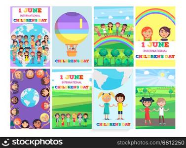 1 June holiday template with colorful posters collection. Vector banner of greeting cards for children&rsquo;s international day. 1 June Holiday Template with Colorful Posters Set