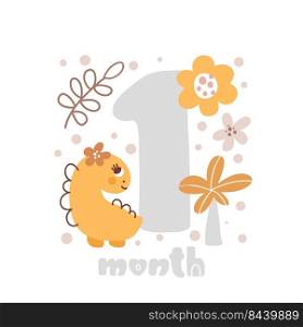 1 one month Baby month anniversary card metrics. Baby shower print with cute animal dino, flowers and palm capturing all special moments. Baby milestone card for newborn girl.. 1 one month Baby month anniversary card metrics. Baby shower print with cute animal dino, flowers and palm capturing all special moments. Baby milestone card for newborn girl