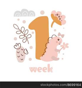 1 week Baby girl anniversary card newborn metrics. Baby shower print with cute animal dino, flowers and cactus capturing all special moments. Baby milestone card for newborn.. 1 week Baby girl anniversary card newborn metrics. Baby shower print with cute animal dino, flowers and cactus capturing all special moments. Baby milestone card for newborn
