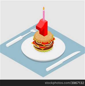 1 year birthday burger. Number one with candle. holiday Hamburger anniversary celebration. Festive fast food. Happy festive&#xA;