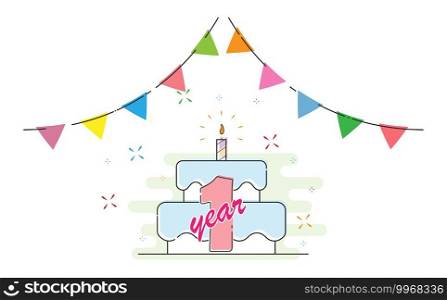 1 year. Cake with a candle and colored flags for congratulations on a birthday, holiday, wedding or anniversary. Flat style.