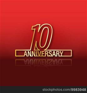 10 anniversary. Stylized gold lettering with reflection on a red gradient background. Vector illustration