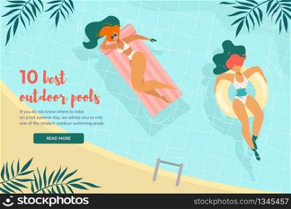 10 Best Outdoor Pools Horizontal Banner Top View Relaxed Young Women Floating Inflatable Rings on Water Surface under Palm Leaves. Girls Swimming, Hotel, Traveling Cartoon Flat Vector Illustration.. Young Women Floating Inflatable Rings in Pool