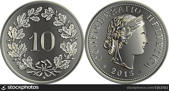 10 centimes coin Swiss franc, 10 in wreath of oak leaves on reverse, head of Liberty on obverse, official coin in Switzerland. Swiss money 10 centimes silver coin