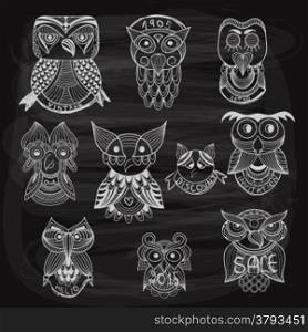 10 chalk drawn owls on blackboard, fully editable eps 10 file with transparency effects, hand written text and frames on separate level