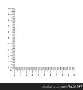 10 cm corner ruler. Measuring tool template with vertical and horizontal lines with centimeters and millimeters markup and numbers. Vector graphic illustration isolated on white background. 10 cm corner ruler. Measuring tool template with vertical and horizontal lines with centimeters and millimeters markup and numbers. Vector graphic illustration