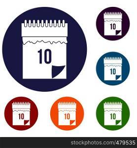 10 date calendar icons set in flat circle red, blue and green color for web. 10 date calendar icons set