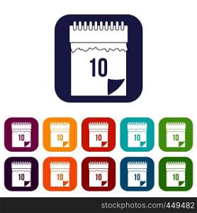 10 date calendar icons set vector illustration in flat style In colors red, blue, green and other. 10 date calendar icons set flat