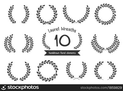 10 Hand drawn laurel wreaths on white background, vector eps10 illustration. Hand Drawn Laurel Wreaths