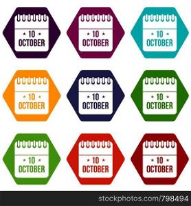10 october calendar icon set many color hexahedron isolated on white vector illustration. 10 october calendar icon set color hexahedron