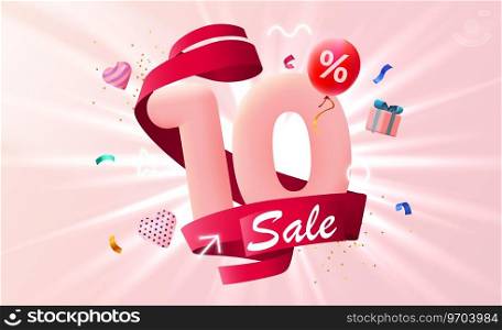 10 percent Off. Discount creative composition. 3d sale symbol with decorative objects, heart shaped balloons and gift box. Sale banner and poster. Vector illustration.. 10 percent Off. Discount creative composition. 3d sale symbol with decorative objects, heart shaped balloons and gift box. Sale banner and poster. 