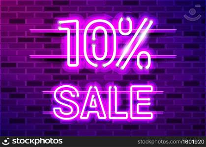 10 percent SALE glowing neon l&sign. Realistic vector illustration. Purple brick wall, violet glow, metal holders.. 10 percent SALE glowing purple neon l&sign