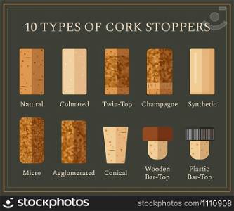 10 types of cork stoppers. Vector set with different isolated corks and title for each kind on dark background. Flat design illustration for presentation or promo material.. 10 types of cork stoppers set in flat style.