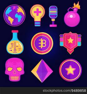 10 video games icon illustrations set isolated on the colored background. world map, life icon, microphone, bomb icon, health potion, game coin, victory badge, skull, diamond gem, and star badge objects for your design.
