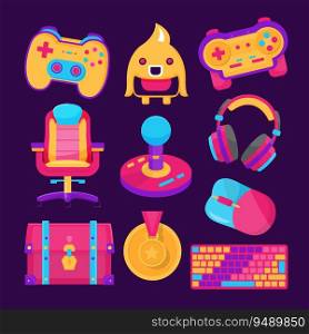 10 video games icon illustrations set isolated on the colored background. console game. character game, hand-held console game, gaming chair, joystick, gaming headset, gaming mouse, treasure chest, medal icon, and gaming keyboard objects for your design.