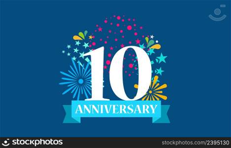 10 years anniversary banner with open burst gift box. Template first birthday celebration and abstract text on blue background vector illustration. 10 years anniversary banner with open burst gift box. Template first birthday celebration and abstract text on blue background illustration
