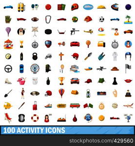 100 active icons set in cartoon style for any design vector illustration. 100 active icons set, cartoon style