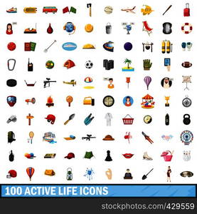 100 active life icons set in cartoon style for any design vector illustration. 100 active life icons set, cartoon style