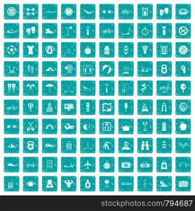 100 active life icons set in grunge style blue color isolated on white background vector illustration. 100 active life icons set grunge blue