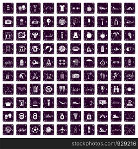 100 active life icons set in grunge style purple color isolated on white background vector illustration. 100 active life icons set grunge purple