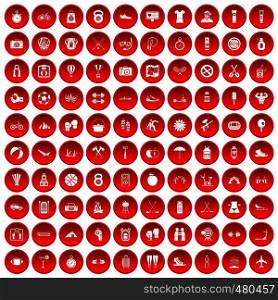 100 active life icons set in red circle isolated on white vector illustration. 100 active life icons set red