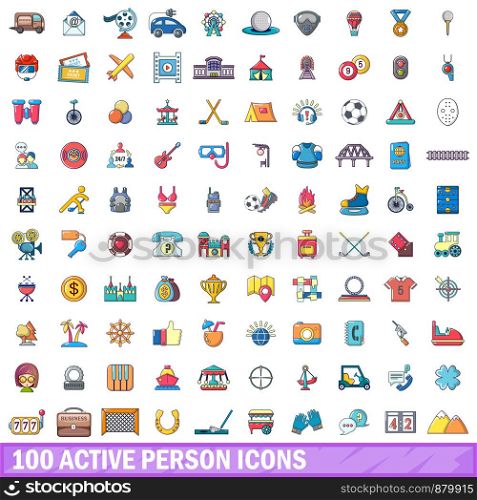 100 active person icons set. Cartoon illustration of 100 active person vector icons isolated on white background. 100 active person icons set, cartoon style