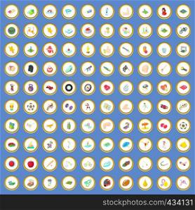 100 activity icons circle set on blue background cartoon style vector illustration. 100 activity icons set cartoon vector