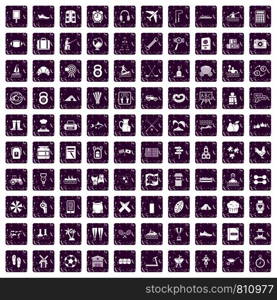 100 activity icons set in grunge style purple color isolated on white background vector illustration. 100 activity icons set grunge purple