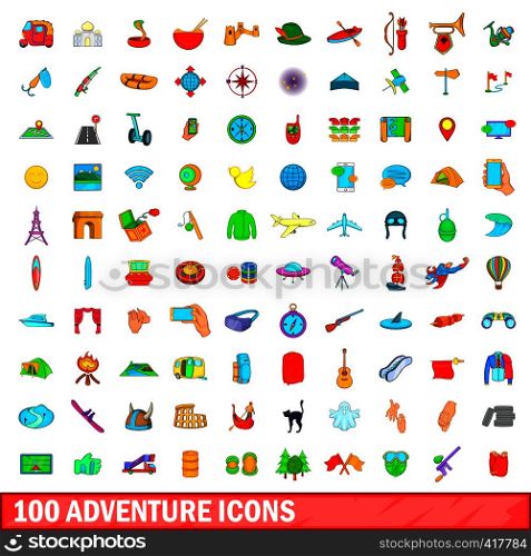 100 adventure icons set in cartoon style for any design vector illustration. 100 adventure icons set, cartoon style