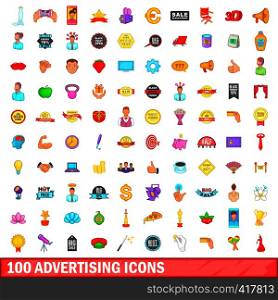 100 advertising icons set in cartoon style for any design vector illustration. 100 advertising icons set, cartoon style