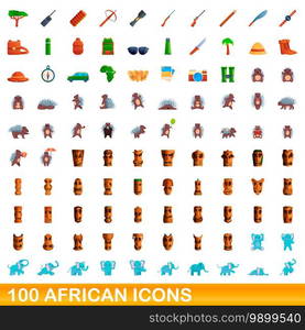 100 african icons set. Cartoon illustration of 100 african icons vector set isolated on white background. 100 african icons set, cartoon style