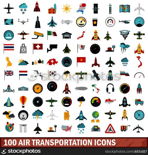 100 air transportation icons set in flat style for any design vector illustration. 100 air transportation icons set, flat style