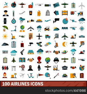 100 airlines icons set in flat style for any design vector illustration. 100 airlines icons set, flat style