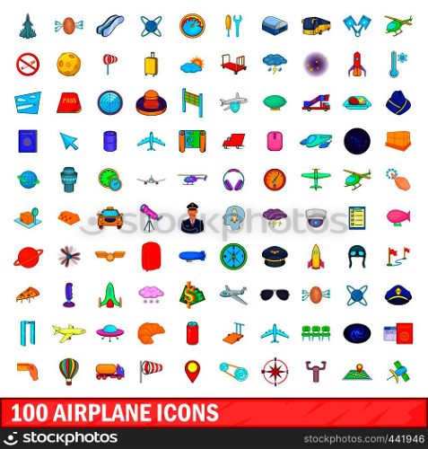 100 airplane icons set in cartoon style for any design vector illustration. 100 airplane icons set, cartoon style
