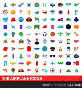 100 airplane icons set in cartoon style for any design vector illustration. 100 airplane icons set, cartoon style
