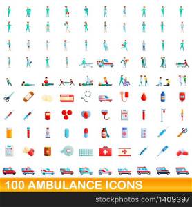 100 ambulance icons set. Cartoon illustration of 100 ambulance icons vector set isolated on white background. 100 ambulance icons set, cartoon style