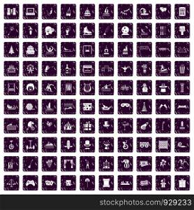 100 amusement icons set in grunge style purple color isolated on white background vector illustration. 100 amusement icons set grunge purple