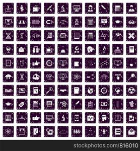 100 analytics icons set in grunge style purple color isolated on white background vector illustration. 100 analytics icons set grunge purple