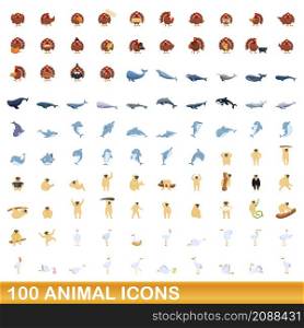 100 animal icons set. Cartoon illustration of 100 animal icons vector set isolated on white background. 100 animal icons set, cartoon style