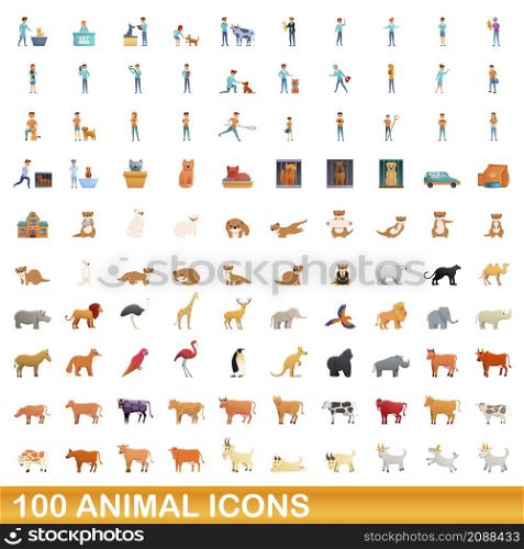 100 animal icons set. Cartoon illustration of 100 animal icons vector set isolated on white background. 100 animal icons set, cartoon style