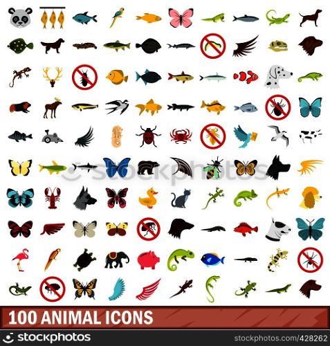 100 animal icons set in flat style for any design vector illustration. 100 animal icons set, flat style