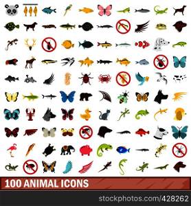 100 animal icons set in flat style for any design vector illustration. 100 animal icons set, flat style