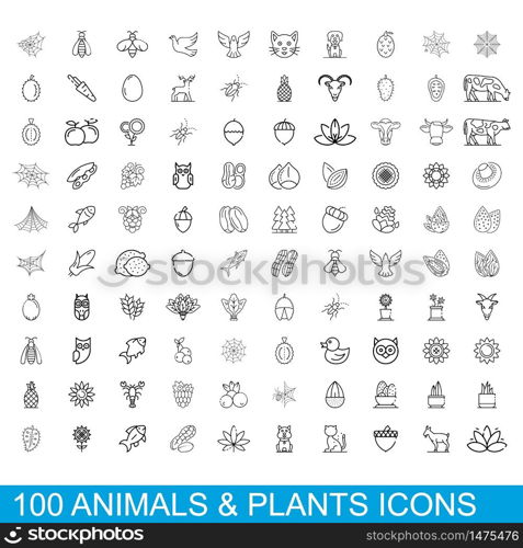 100 animals and plants icons set. Outline illustration of 100 animals and plants icons vector set isolated on white background. 100 animals and plants icons set, outline style