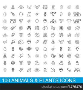 100 animals and plants icons set. Outline illustration of 100 animals and plants icons vector set isolated on white background. 100 animals and plants icons set, outline style