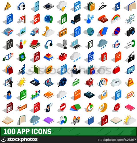 100 app icons set in isometric 3d style for any design vector illustration. 100 app icons set, isometric 3d style