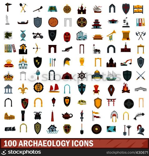 100 archaeology icons set in flat style for any design vector illustration. 100 archaeology icons set, flat style